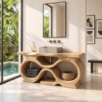 Figure Eight Bathroom Vanity 47-71 Inch, Infinity Loop Wood Base, Open Cubbies, Live Edge Top
