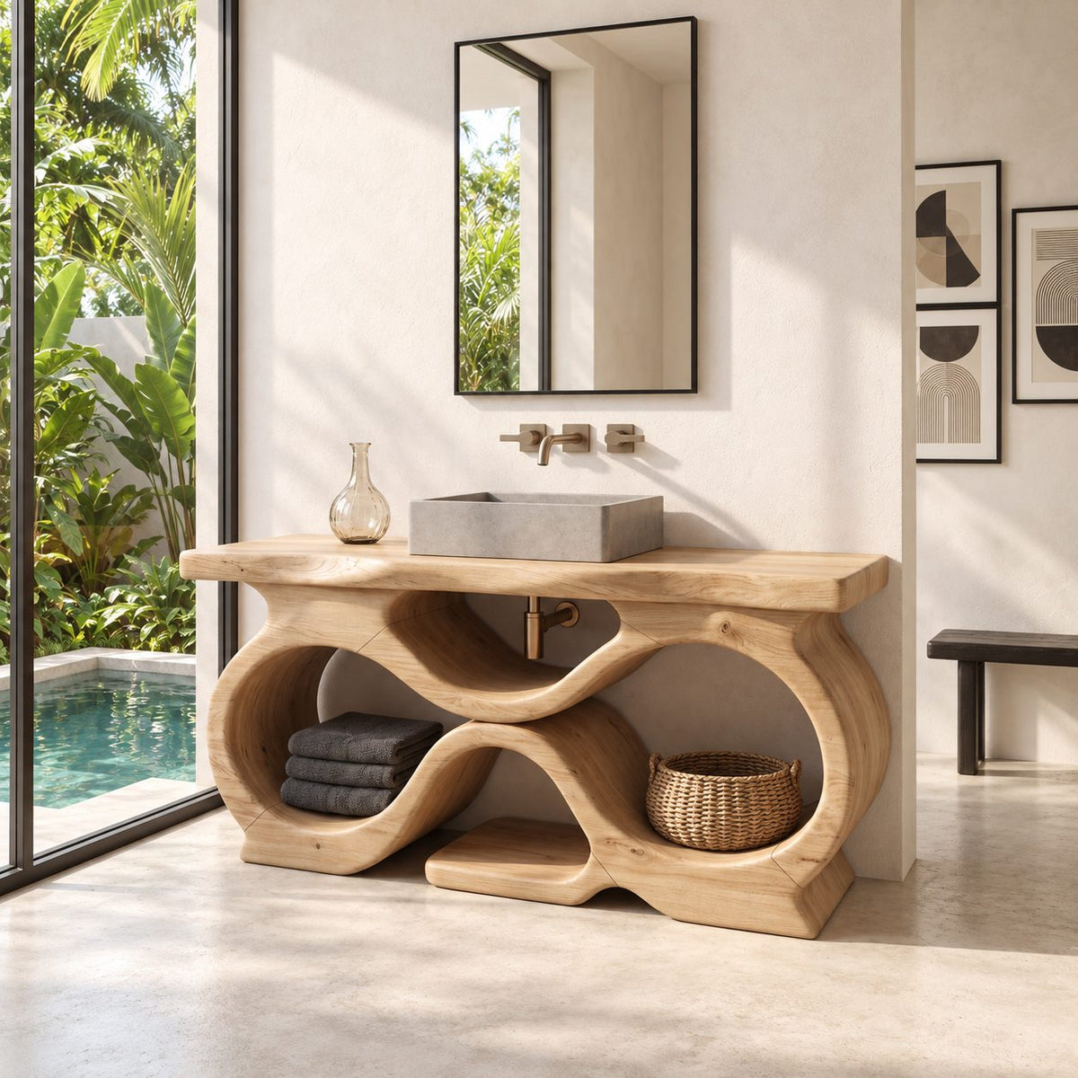 Figure Eight Bathroom Vanity 47-71 Inch, Infinity Loop Wood Base, Open Cubbies, Live Edge Top
