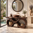 Figure Eight Bathroom Vanity 47-71 Inch, Infinity Loop Wood Base, Open Cubbies, Live Edge Top