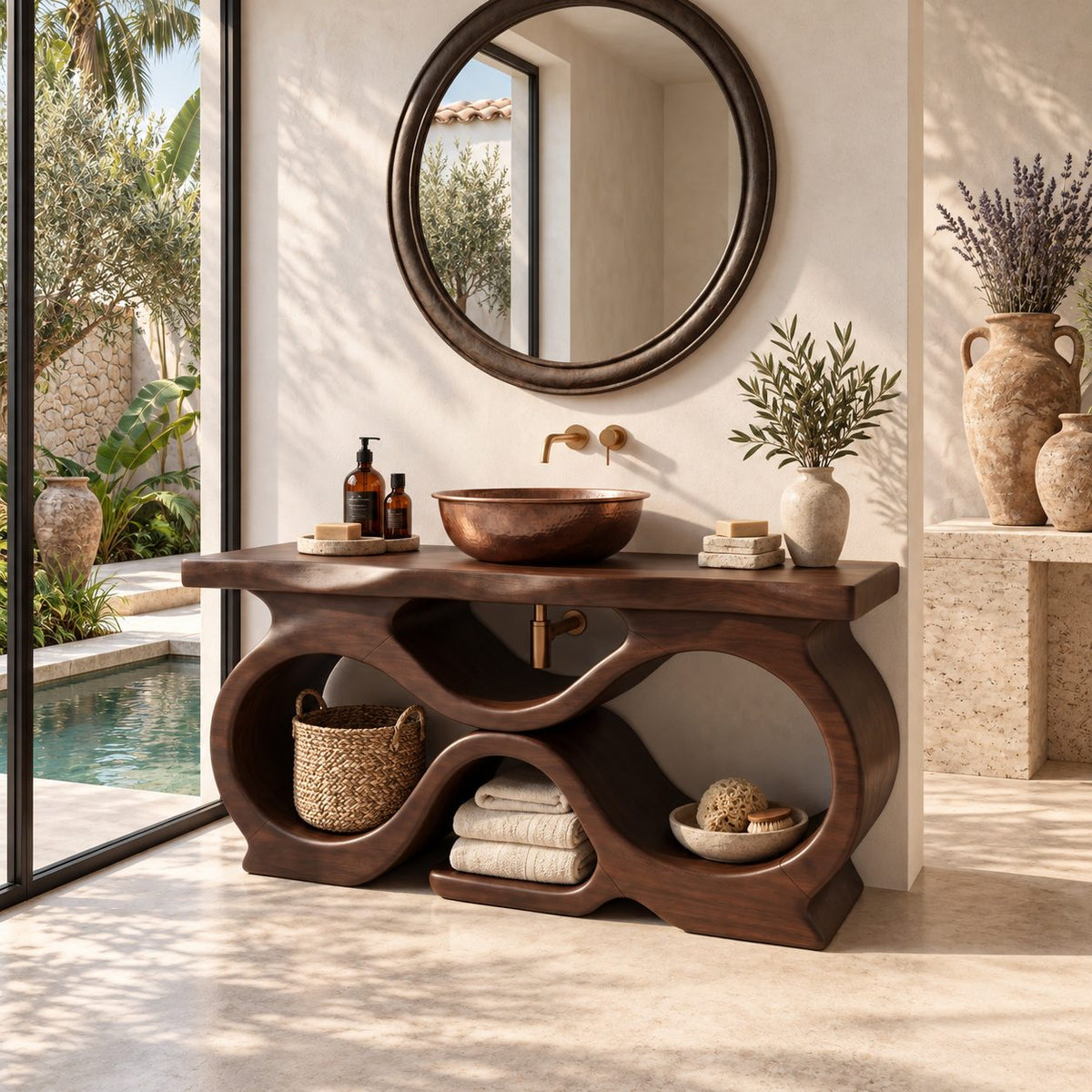 Figure Eight Bathroom Vanity 47-71 Inch, Infinity Loop Wood Base, Open Cubbies, Live Edge Top