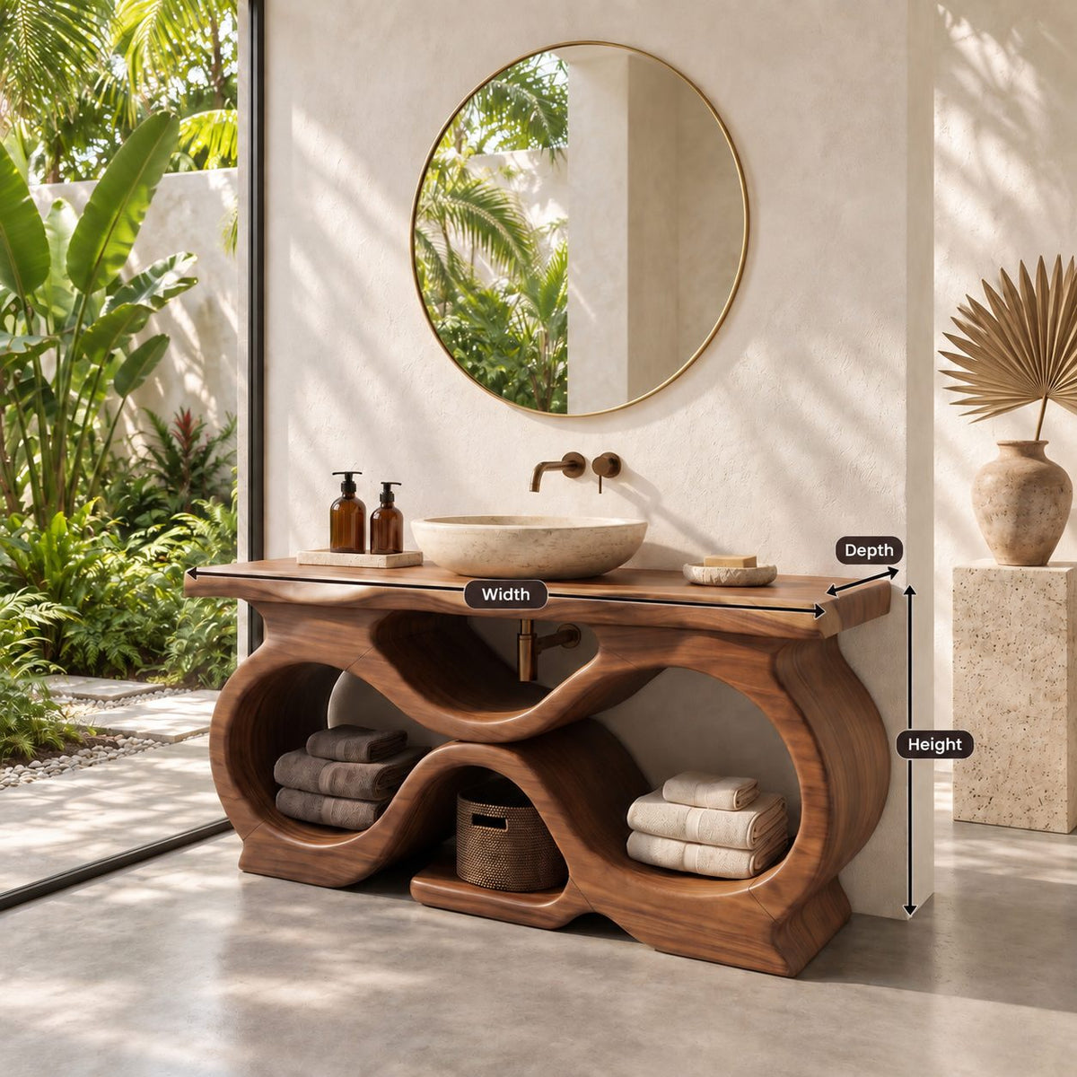 Figure Eight Bathroom Vanity 47-71 Inch, Infinity Loop Wood Base, Open Cubbies, Live Edge Top