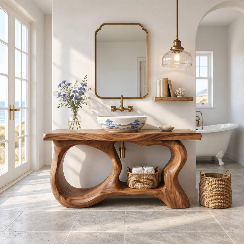 Oval Window Bathroom Vanity 47-71 Inch, Sculpted Wood Base with Large Open Ovals and Towel Shelf