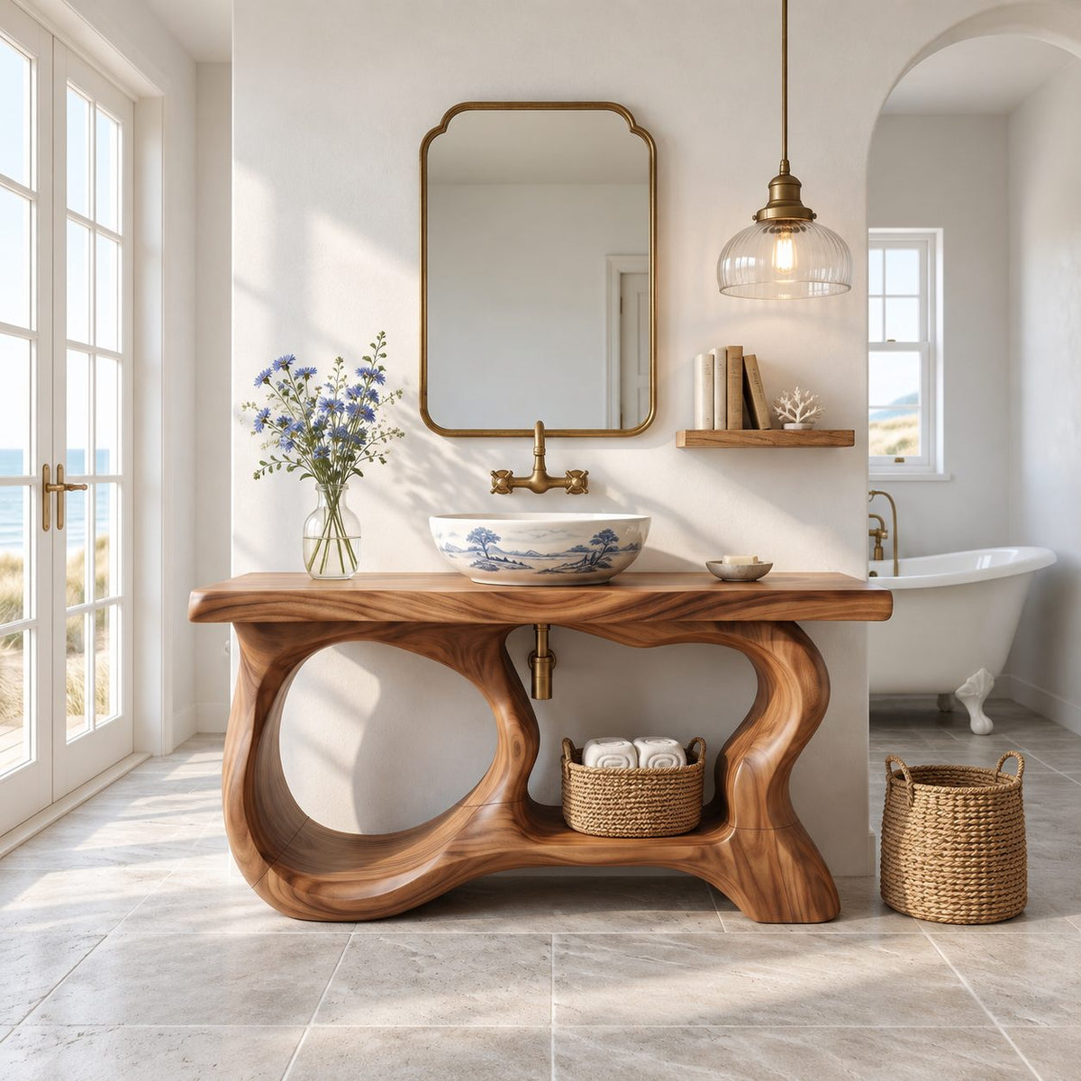 Oval Window Bathroom Vanity 47-71 Inch, Sculpted Wood Base with Large Open Ovals and Towel Shelf