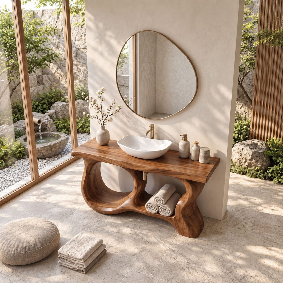 Oval Window Bathroom Vanity 47-71 Inch, Sculpted Wood Base with Large Open Ovals and Towel Shelf
