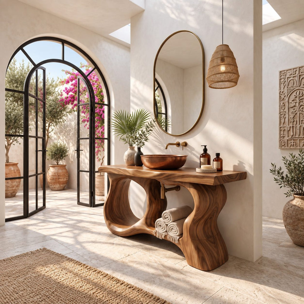 Oval Window Bathroom Vanity 47-71 Inch, Sculpted Wood Base with Large Open Ovals and Towel Shelf