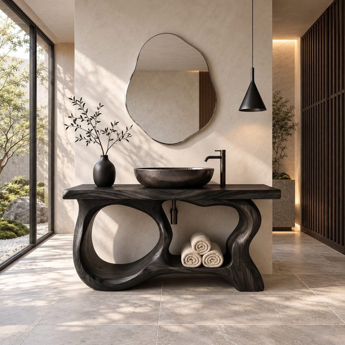 Oval Window Bathroom Vanity 47-71 Inch, Sculpted Wood Base with Large Open Ovals and Towel Shelf