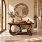Oval Window Bathroom Vanity 47-71 Inch, Sculpted Wood Base with Large Open Ovals and Towel Shelf