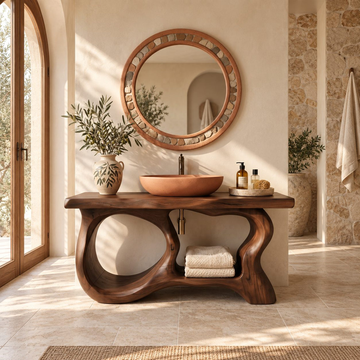 Oval Window Bathroom Vanity 47-71 Inch, Sculpted Wood Base with Large Open Ovals and Towel Shelf