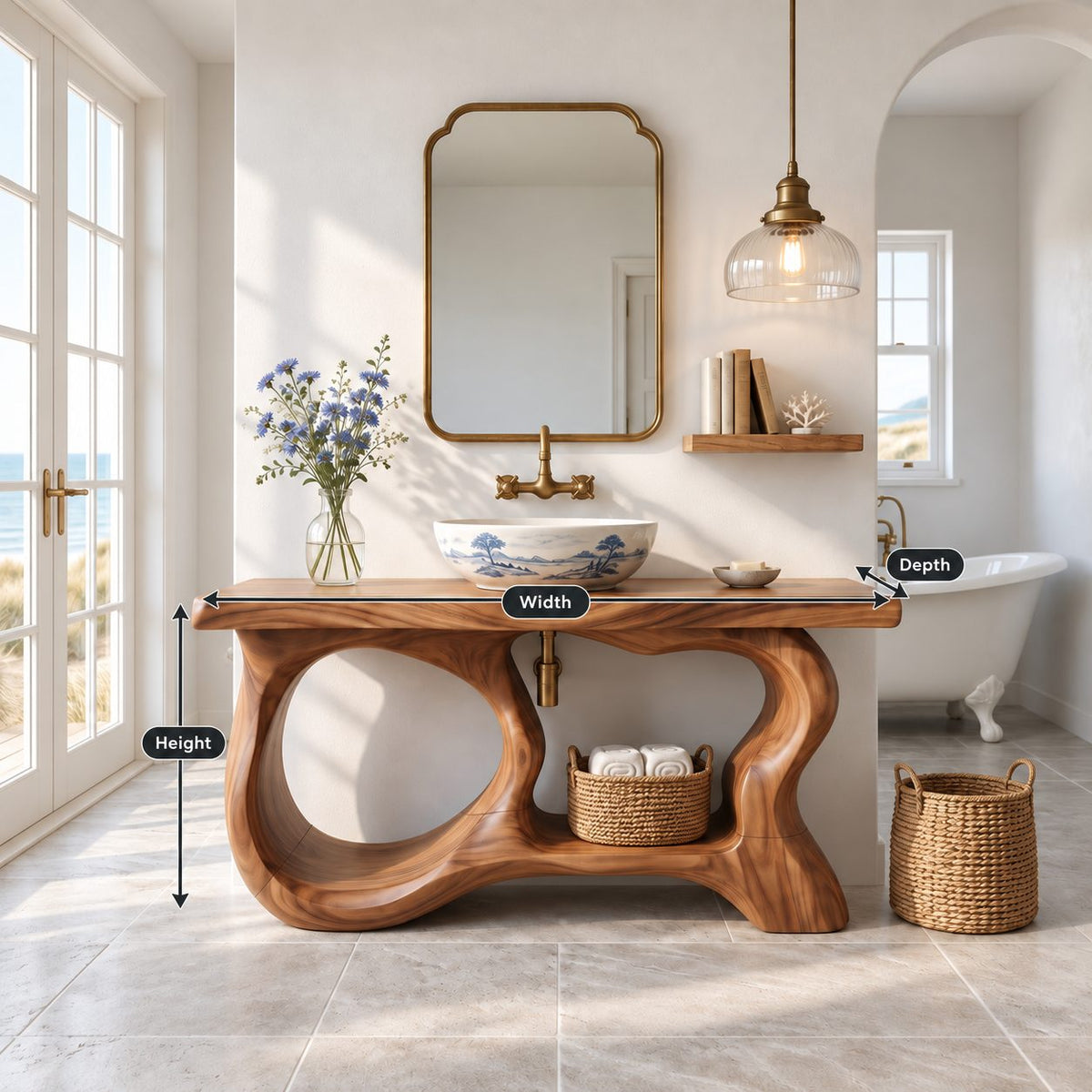Oval Window Bathroom Vanity 47-71 Inch, Sculpted Wood Base with Large Open Ovals and Towel Shelf