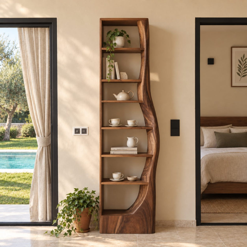 Tall Narrow Bookshelf with Wavy Live Edge Side Panel, Slim Solid Wood Bookcase for Bedroom or Hallway