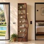 Tall Narrow Bookshelf with Wavy Live Edge Side Panel, Slim Solid Wood Bookcase for Bedroom or Hallway