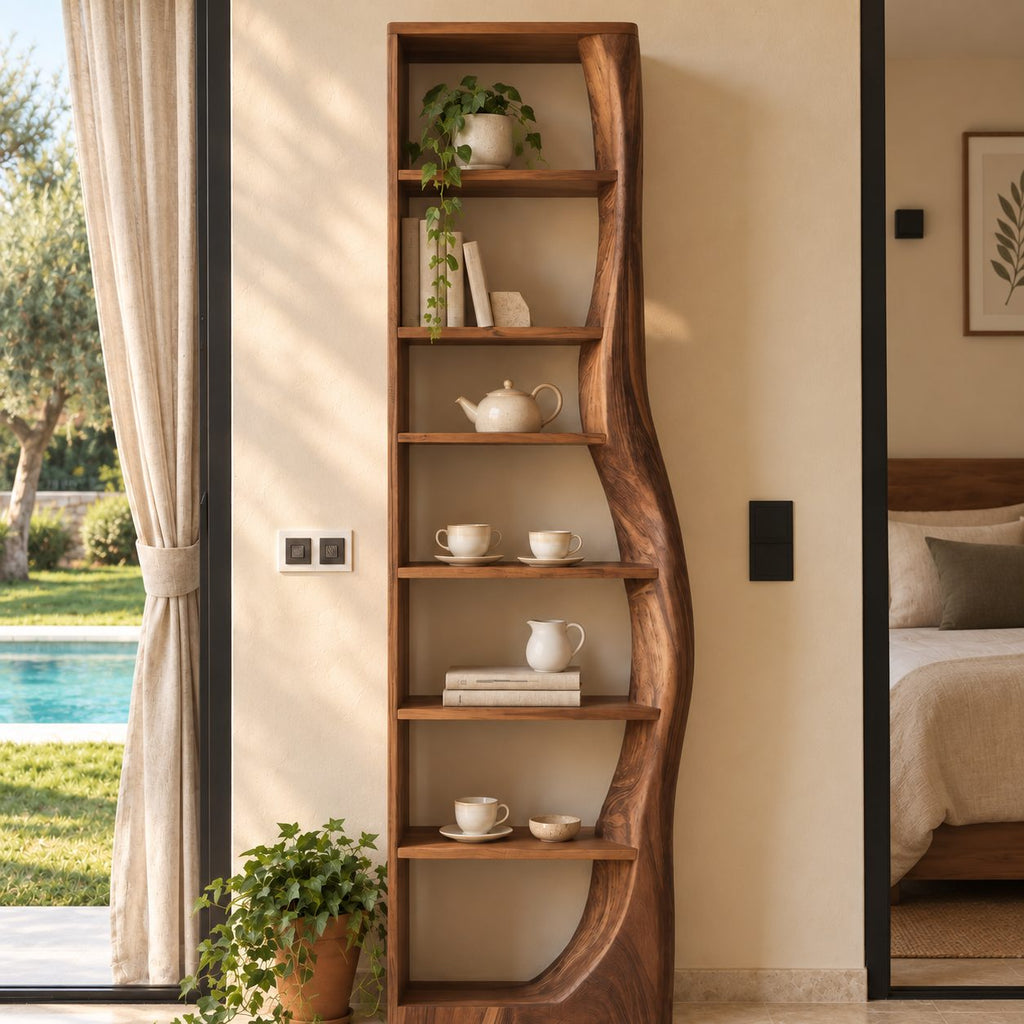 Tall Narrow Bookshelf with Wavy Live Edge Side Panel, Slim Solid Wood Bookcase for Bedroom or Hallway