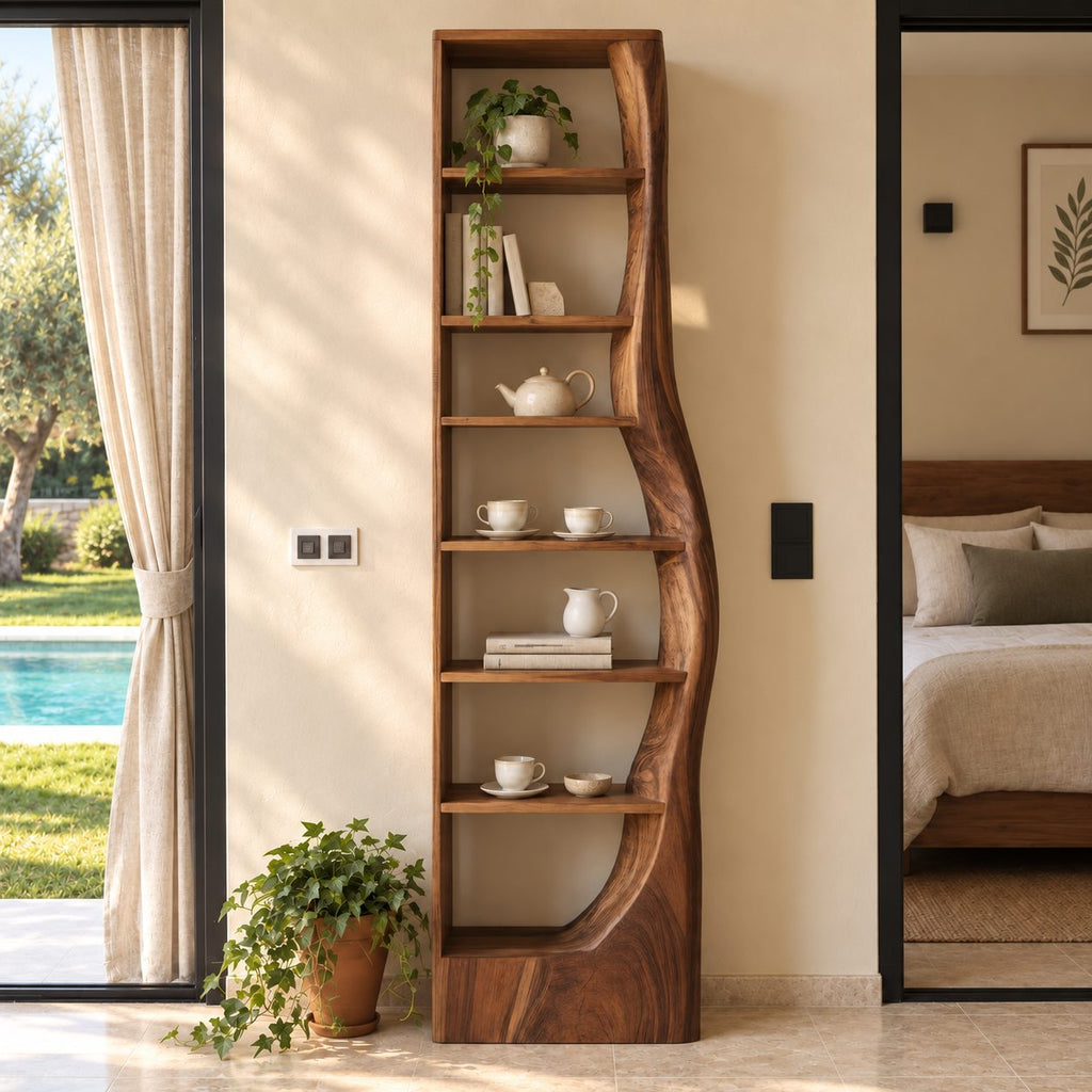Tall Narrow Bookshelf with Wavy Live Edge Side Panel, Slim Solid Wood Bookcase for Bedroom or Hallway