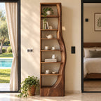 Tall Narrow Bookshelf with Wavy Live Edge Side Panel, Slim Solid Wood Bookcase for Bedroom or Hallway