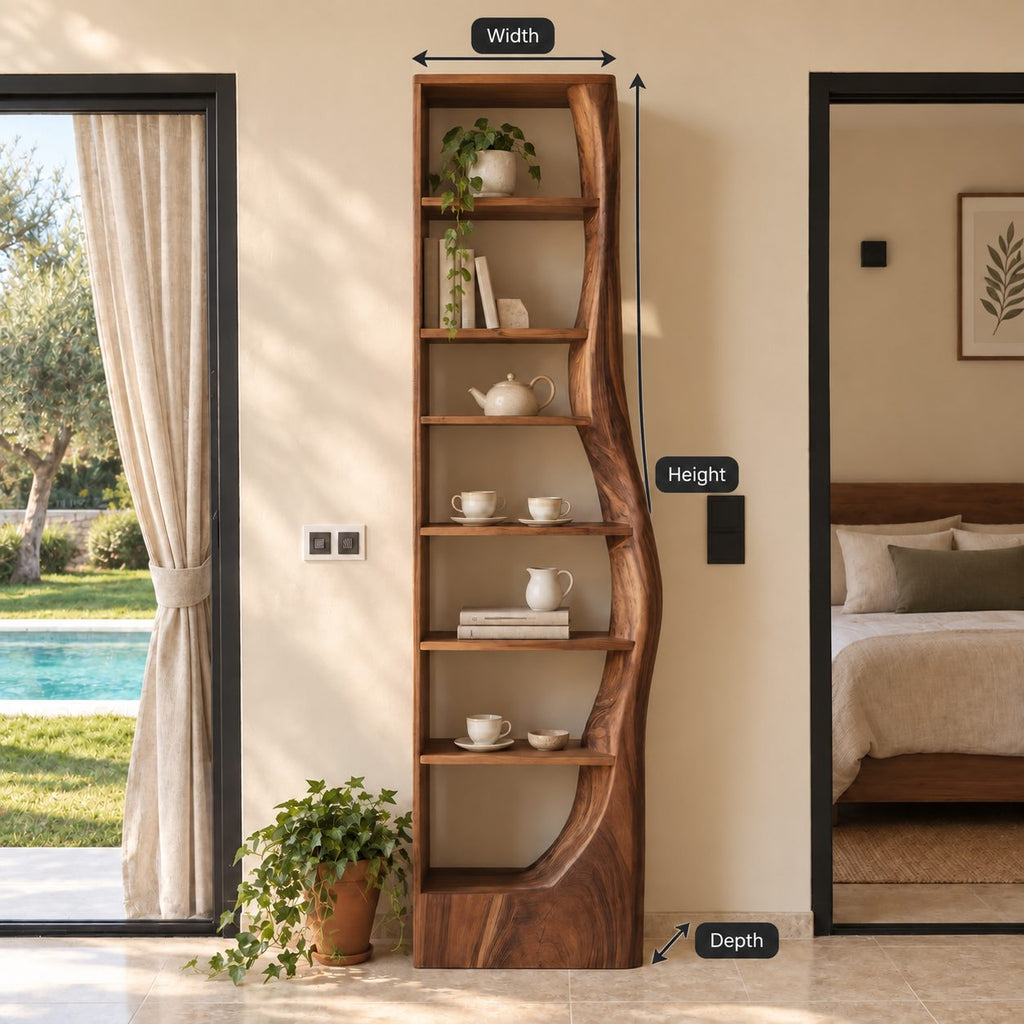 Tall Narrow Bookshelf with Wavy Live Edge Side Panel, Slim Solid Wood Bookcase for Bedroom or Hallway