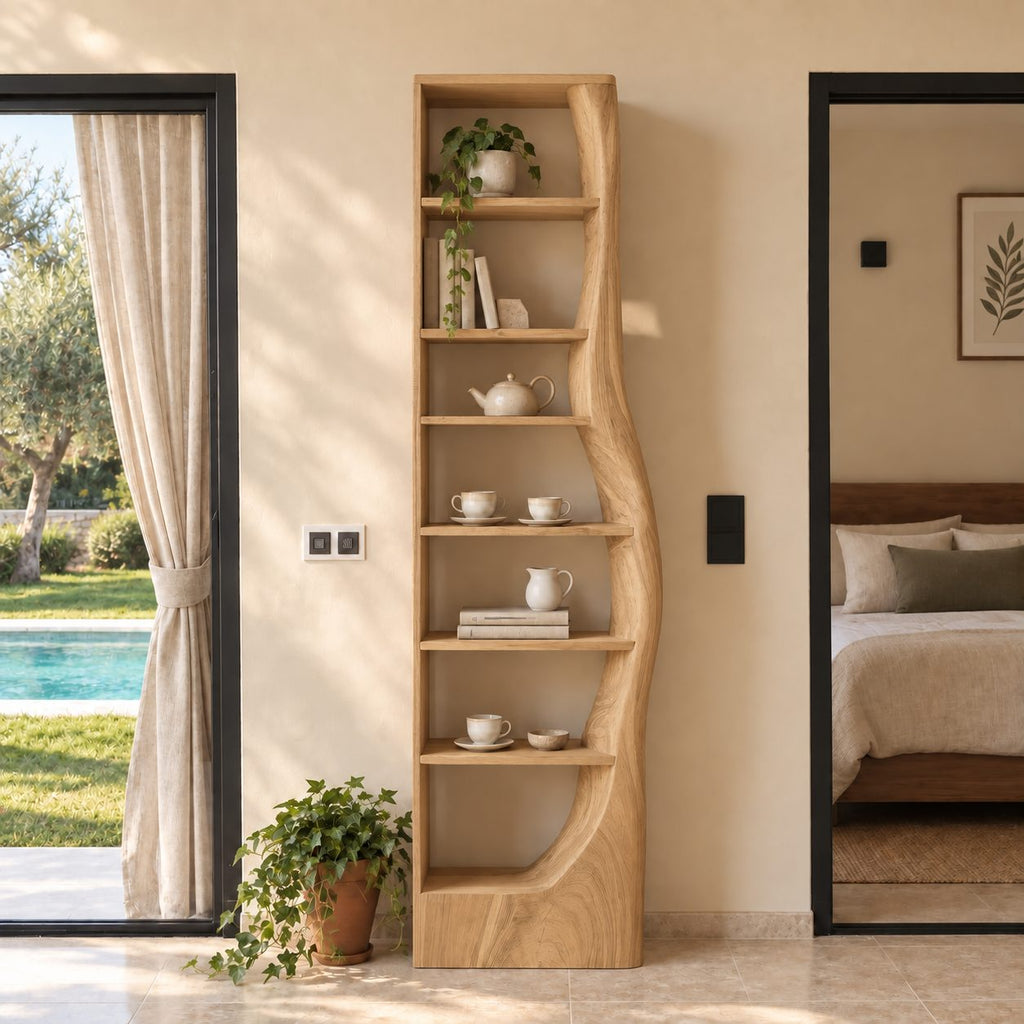 Tall Narrow Bookshelf with Wavy Live Edge Side Panel, Slim Solid Wood Bookcase for Bedroom or Hallway