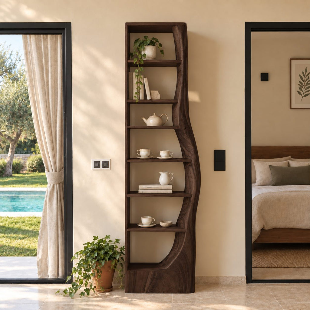 Tall Narrow Bookshelf with Wavy Live Edge Side Panel, Slim Solid Wood Bookcase for Bedroom or Hallway