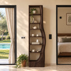 Tall Narrow Bookshelf with Wavy Live Edge Side Panel, Slim Solid Wood Bookcase for Bedroom or Hallway
