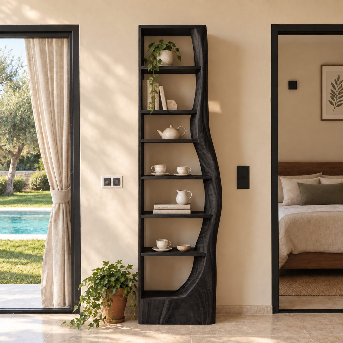 Tall Narrow Bookshelf with Wavy Live Edge Side Panel, Slim Solid Wood Bookcase for Bedroom or Hallway