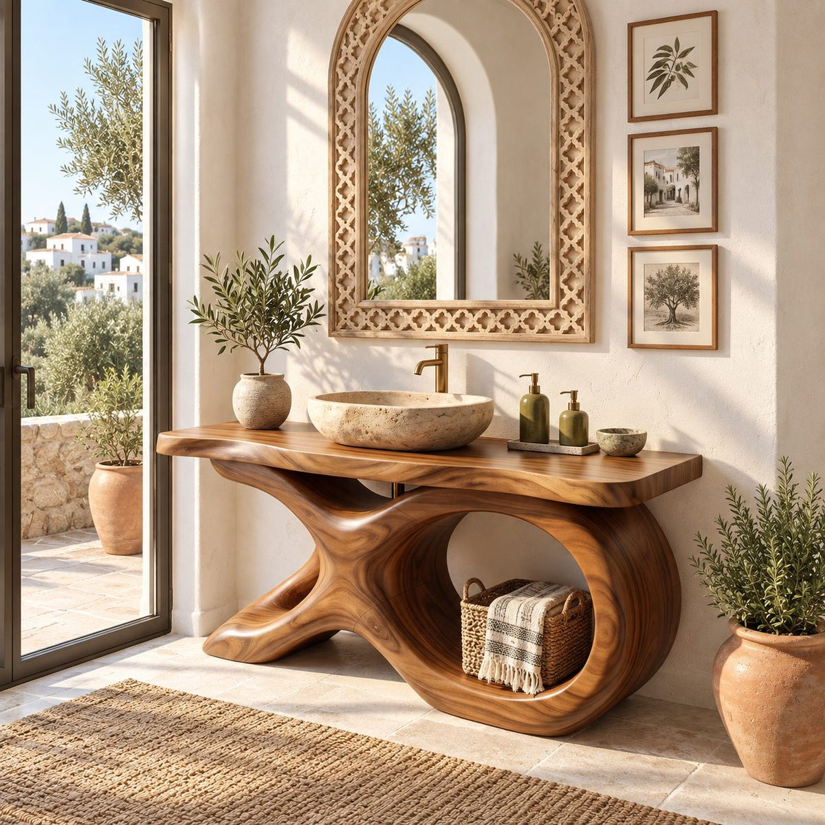 Swept X Loop Bathroom Vanity 47-71 Inch, Sculpted Solid Wood Base with One Oval Opening and Live Edge Top