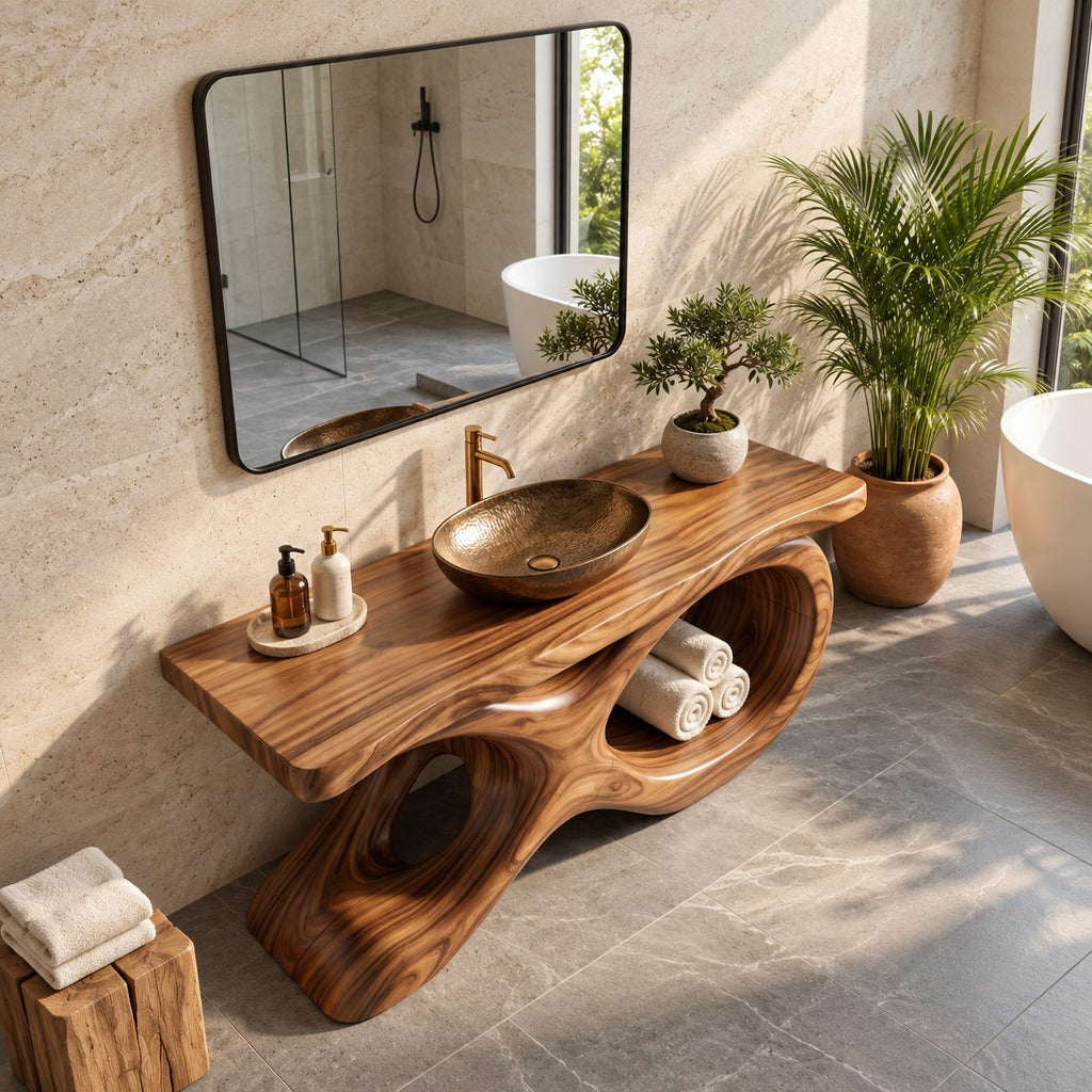 Swept X Loop Bathroom Vanity 47-71 Inch, Sculpted Solid Wood Base with One Oval Opening and Live Edge Top