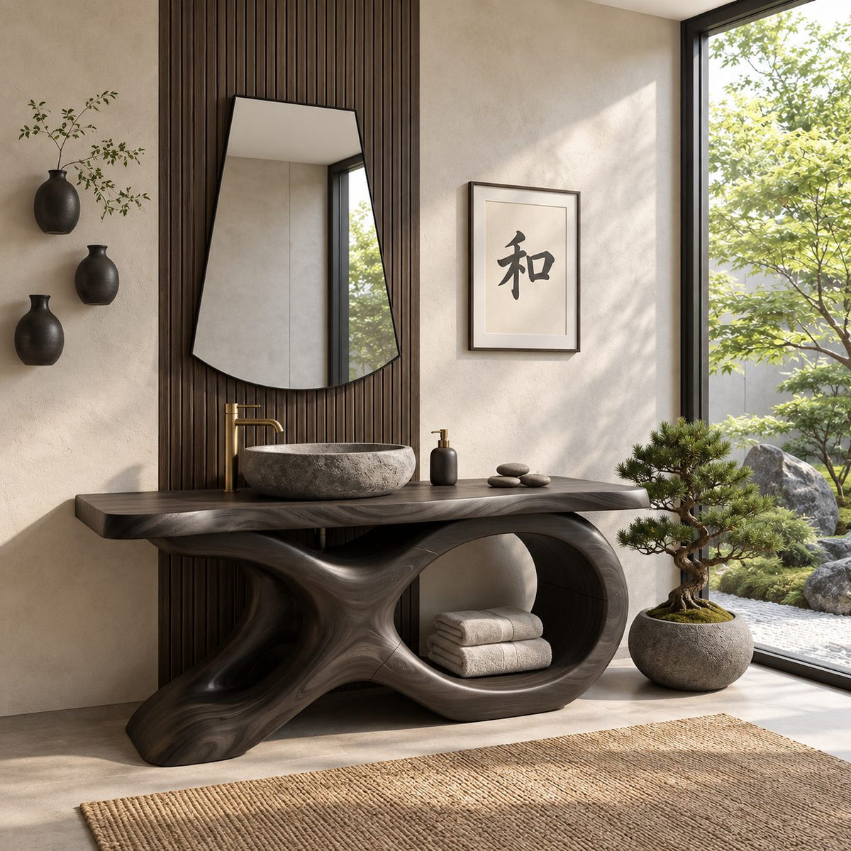 Swept X Loop Bathroom Vanity 47-71 Inch, Sculpted Solid Wood Base with One Oval Opening and Live Edge Top
