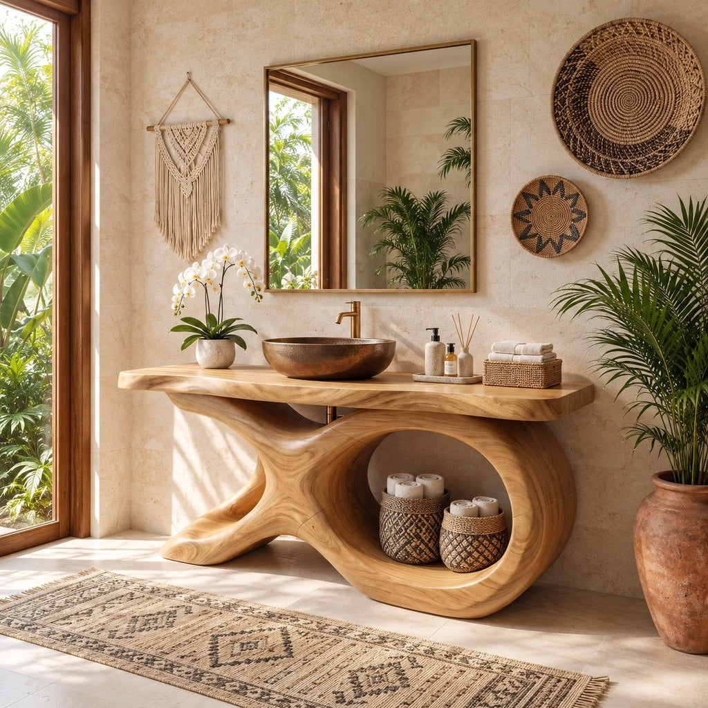 Swept X Loop Bathroom Vanity 47-71 Inch, Sculpted Solid Wood Base with One Oval Opening and Live Edge Top