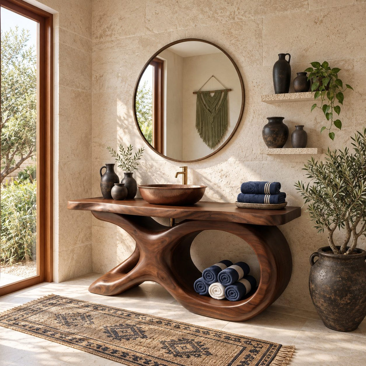 Swept X Loop Bathroom Vanity 47-71 Inch, Sculpted Solid Wood Base with One Oval Opening and Live Edge Top