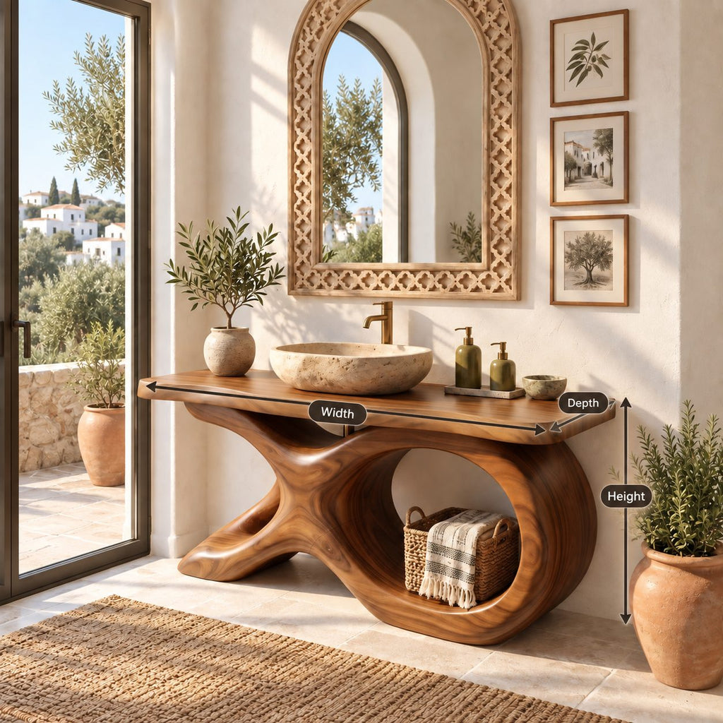 Swept X Loop Bathroom Vanity 47-71 Inch, Sculpted Solid Wood Base with One Oval Opening and Live Edge Top