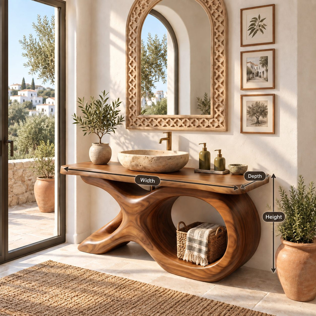 Swept X Loop Bathroom Vanity 47-71 Inch, Sculpted Solid Wood Base with One Oval Opening and Live Edge Top