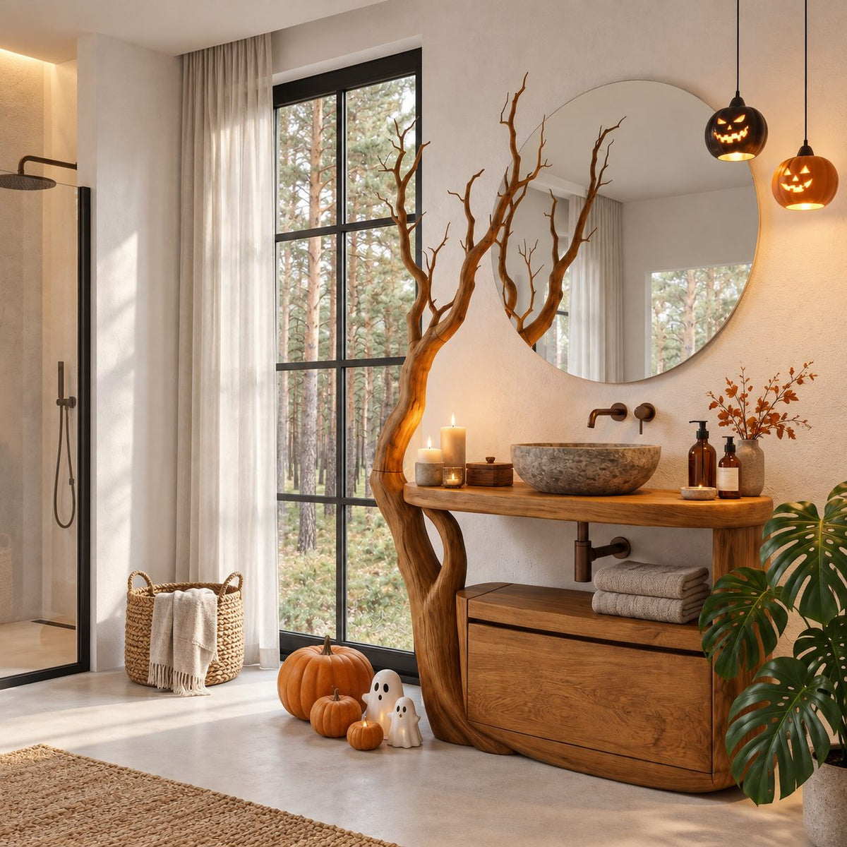 Tall Tree Arm Bathroom Vanity 43-46 Inch, Sculpted Branch Upright with Rounded Top, Open Niche and Drawer