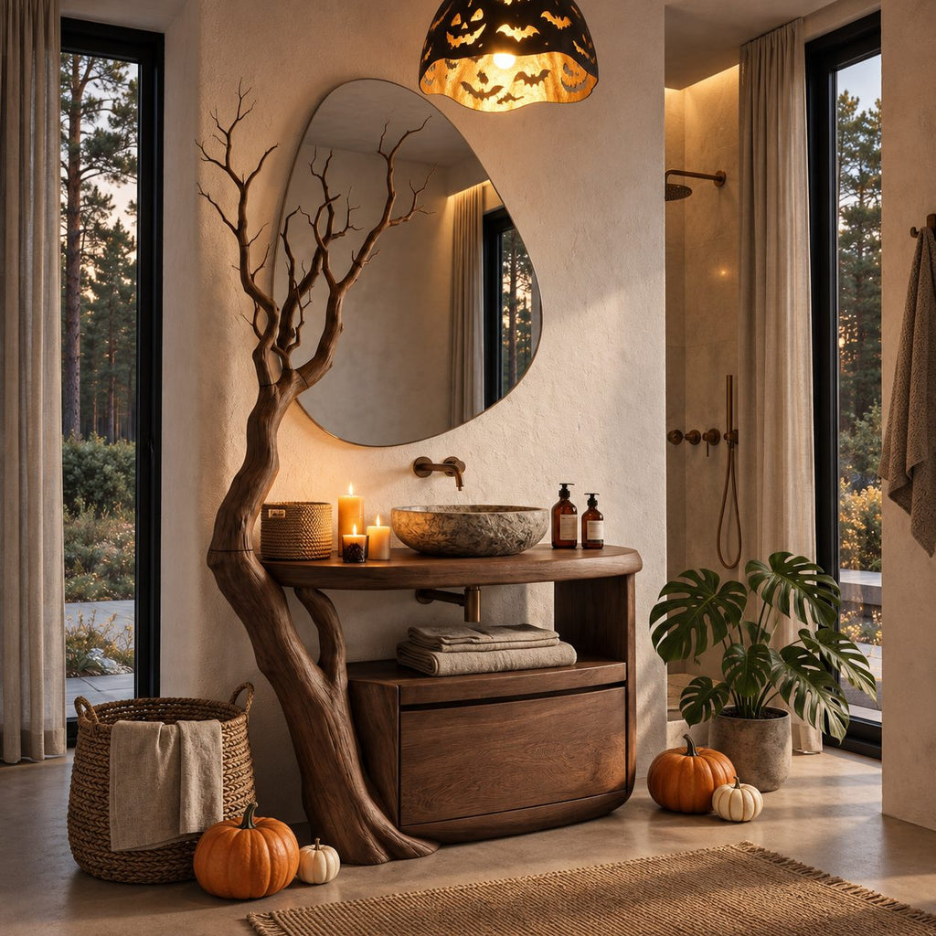 Tall Tree Arm Bathroom Vanity 43-46 Inch, Sculpted Branch Upright with Rounded Top, Open Niche and Drawer