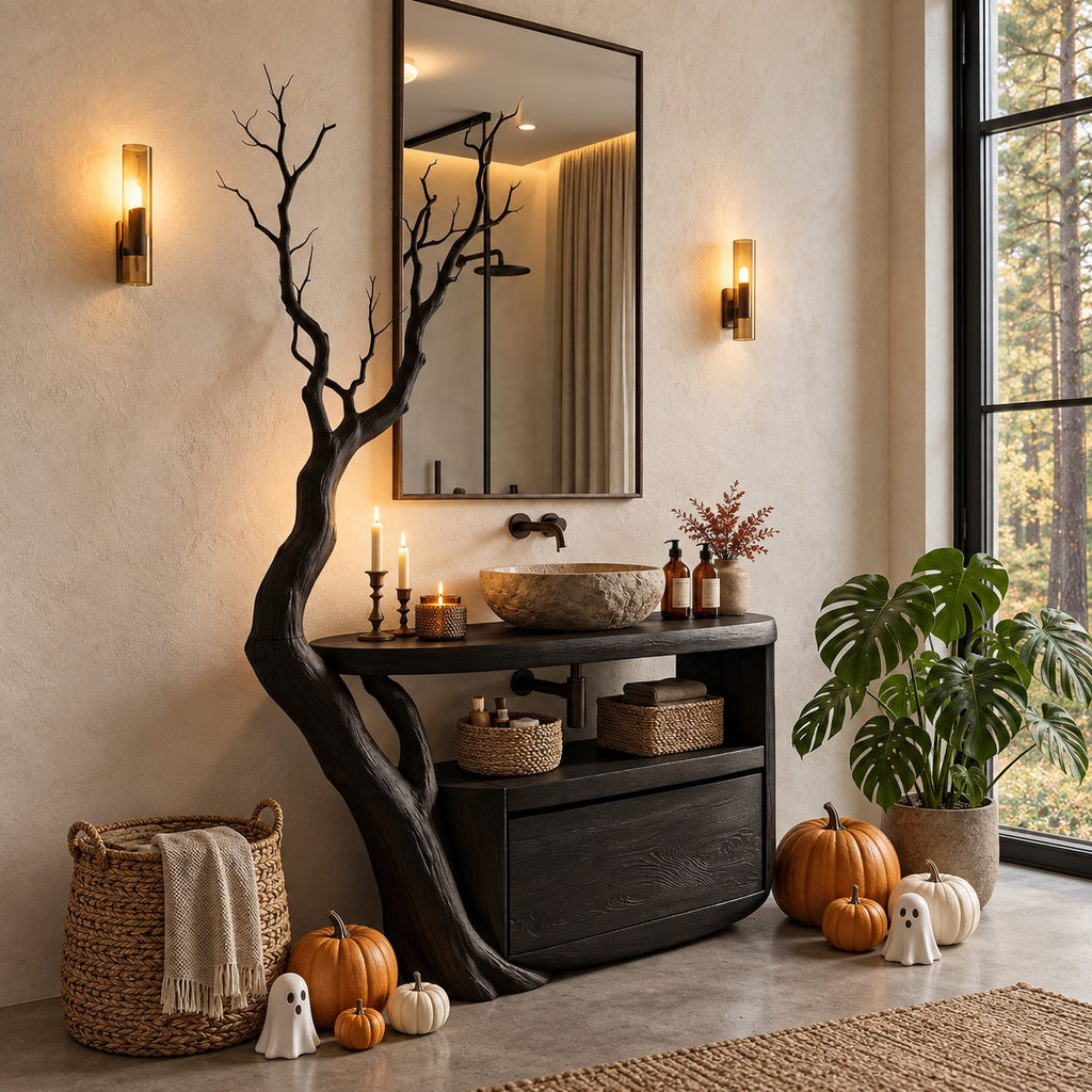 Tall Tree Arm Bathroom Vanity 43-46 Inch, Sculpted Branch Upright with Rounded Top, Open Niche and Drawer