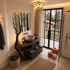 Tall Tree Arm Bathroom Vanity 43-46 Inch, Sculpted Branch Upright with Rounded Top, Open Niche and Drawer