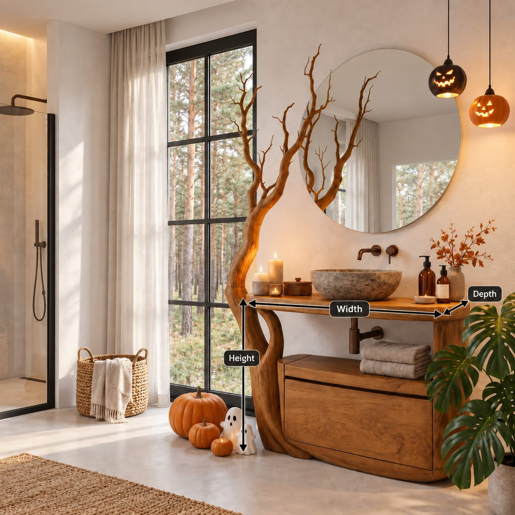 Tall Tree Arm Bathroom Vanity 43-46 Inch, Sculpted Branch Upright with Rounded Top, Open Niche and Drawer