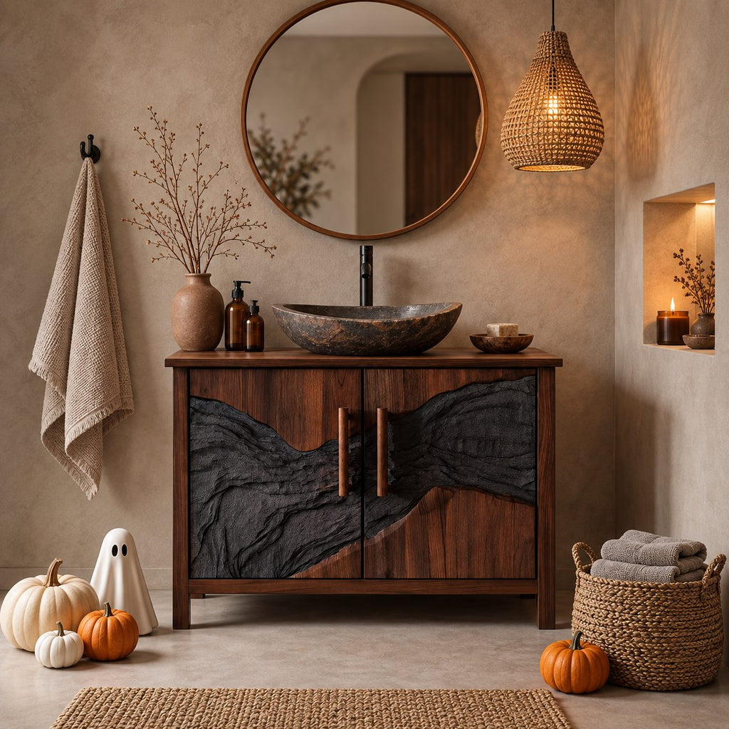 Ridge Band Carved Bathroom Vanity 42-46 Inch, Two Door Cabinet with Textured Relief Across the Doors