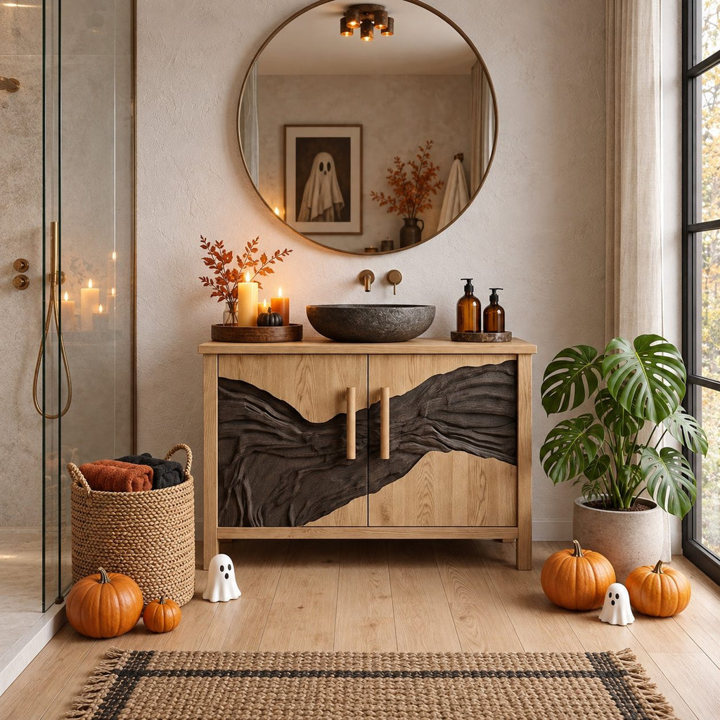 Ridge Band Carved Bathroom Vanity 42-46 Inch, Two Door Cabinet with Textured Relief Across the Doors