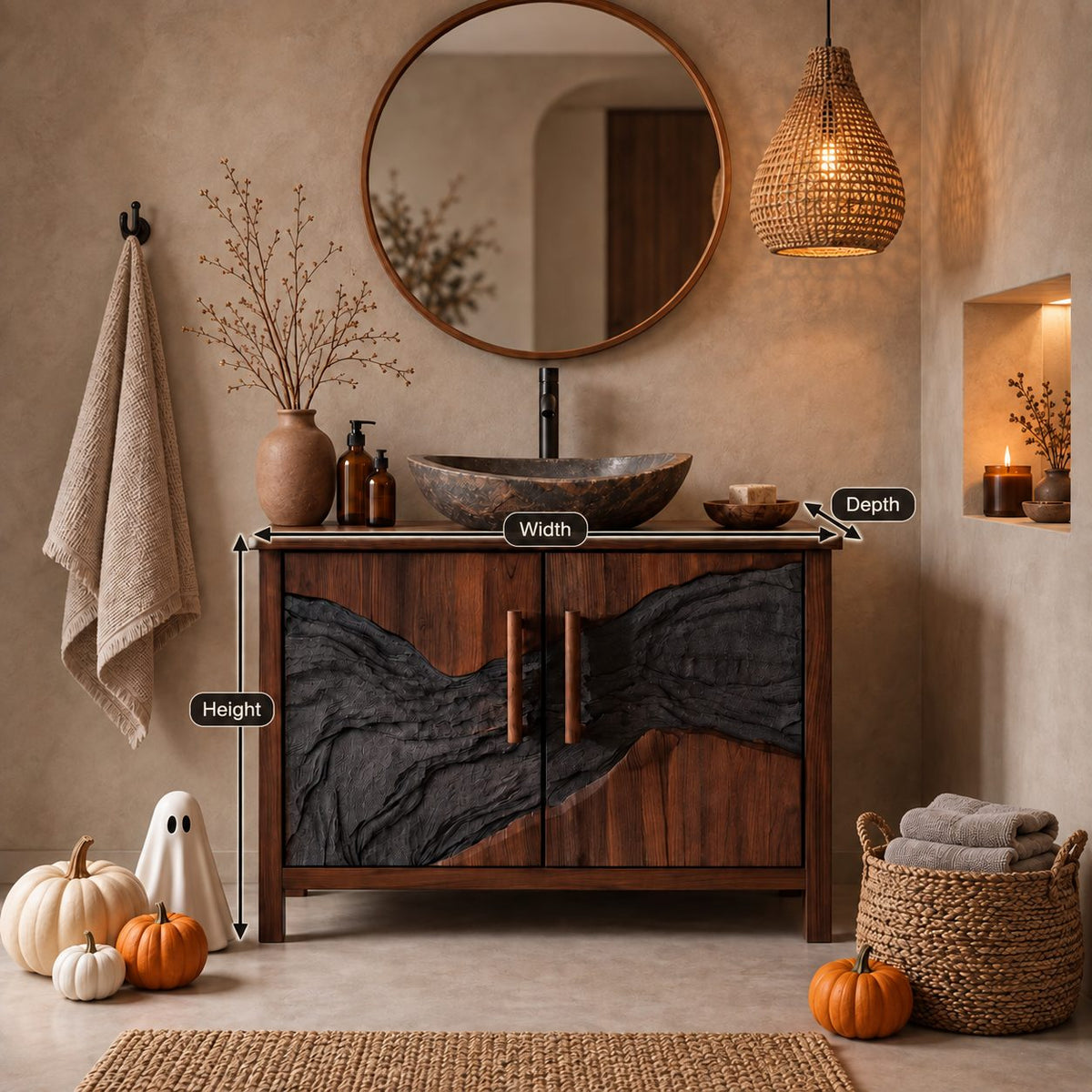 Ridge Band Carved Bathroom Vanity 42-46 Inch, Two Door Cabinet with Textured Relief Across the Doors