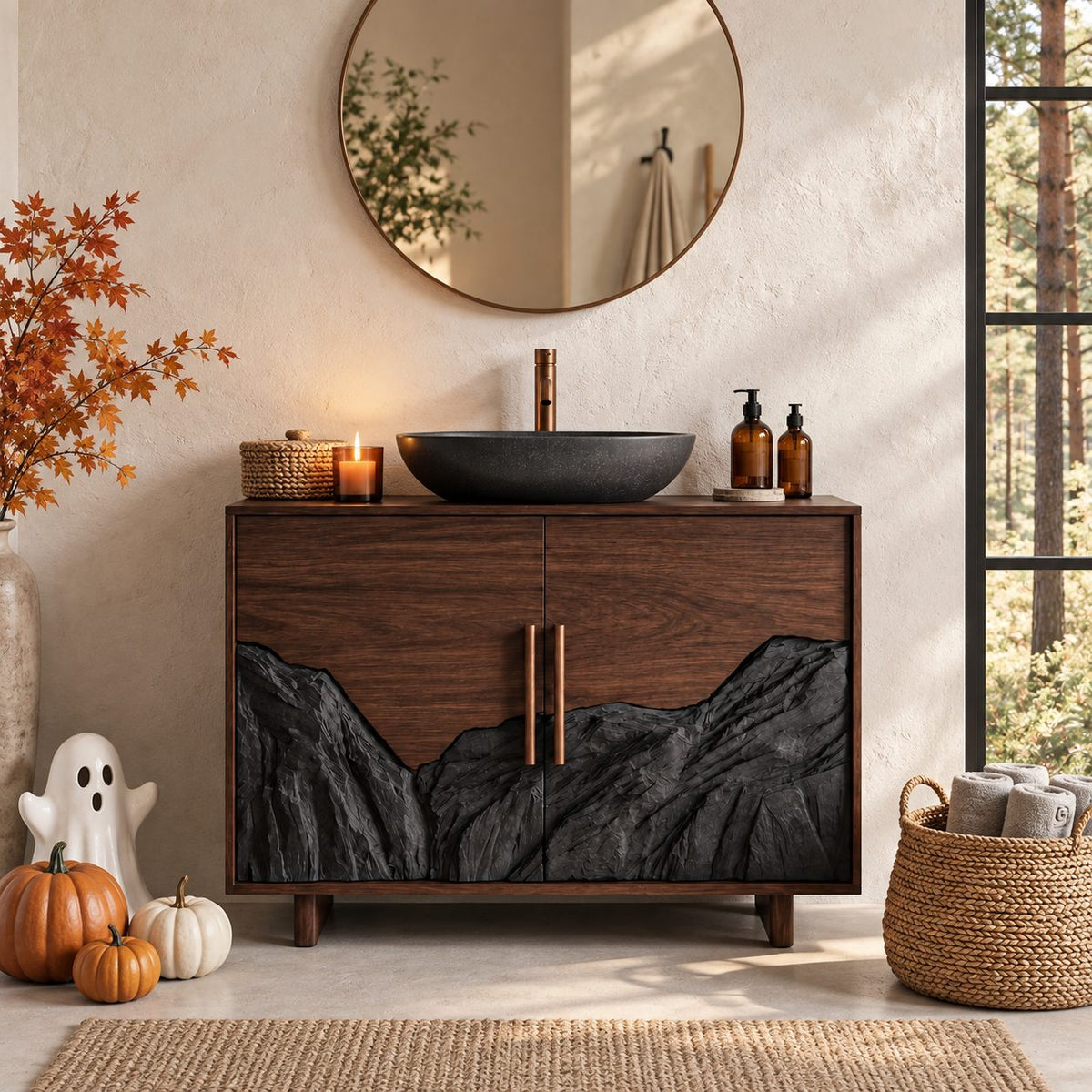 Mountain Range Bathroom Vanity 42-46 Inch, Two Door Cabinet with Carved Peaks Along the Lower Panels