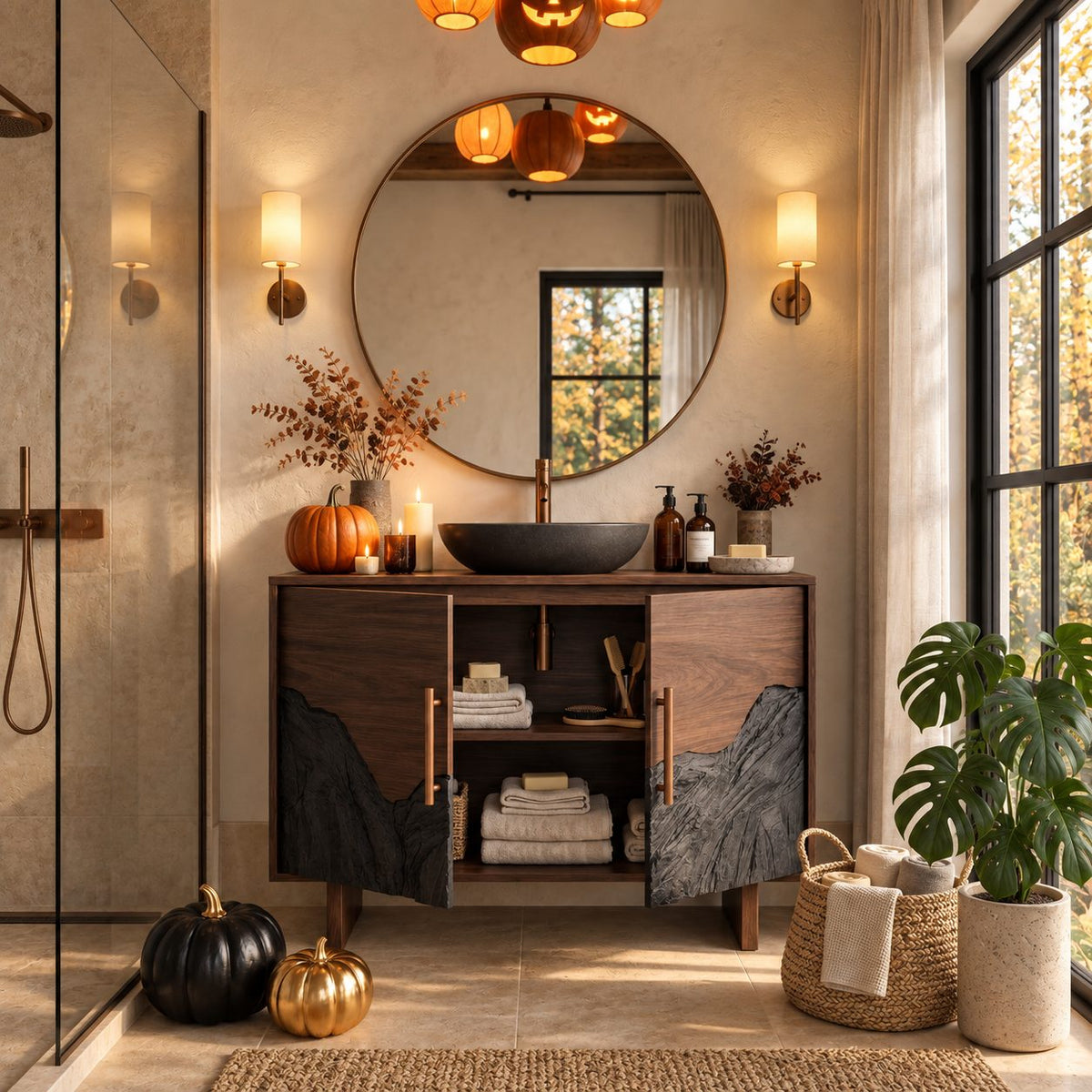 Mountain Range Bathroom Vanity 42-46 Inch, Two Door Cabinet with Carved Peaks Along the Lower Panels