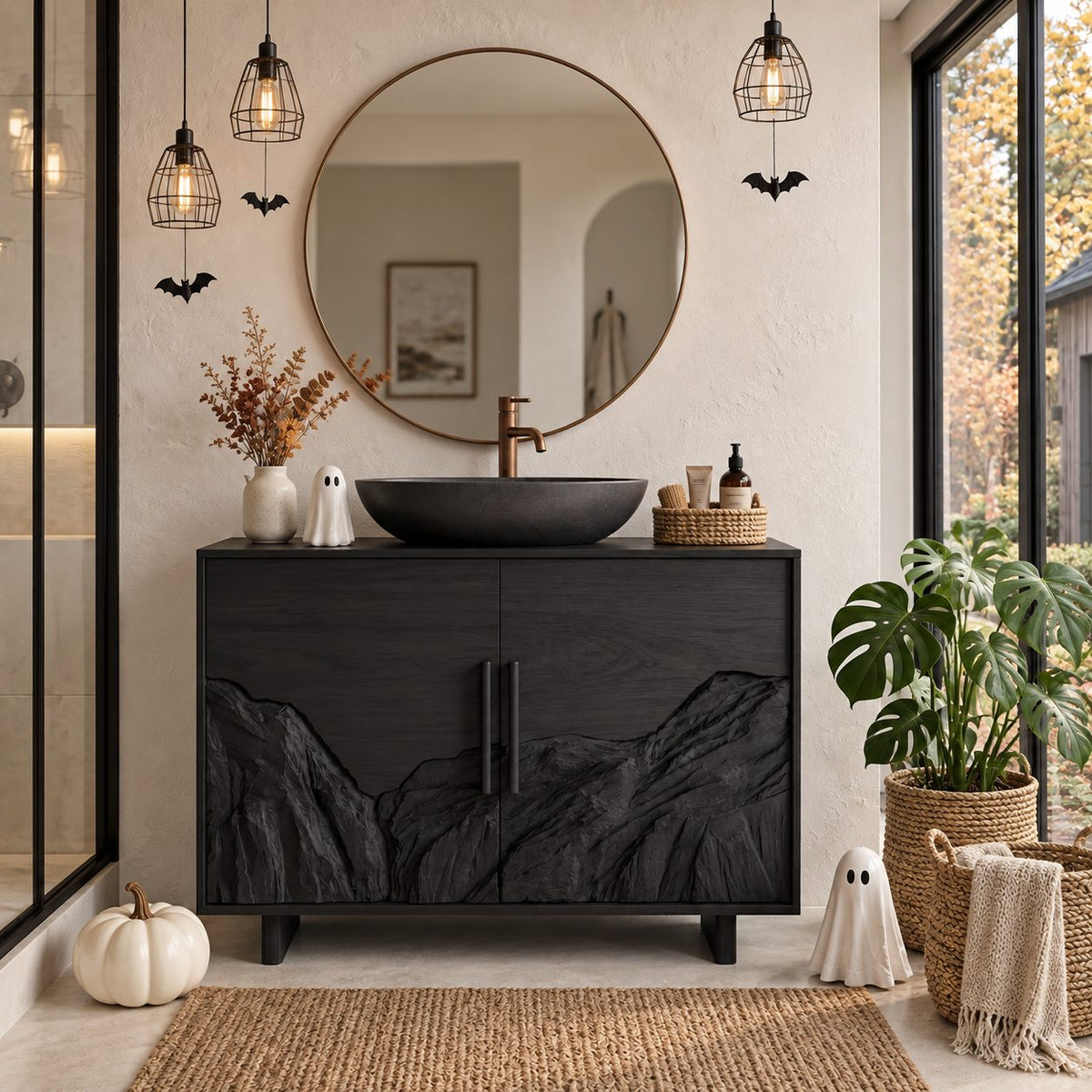 Mountain Range Bathroom Vanity 42-46 Inch, Two Door Cabinet with Carved Peaks Along the Lower Panels