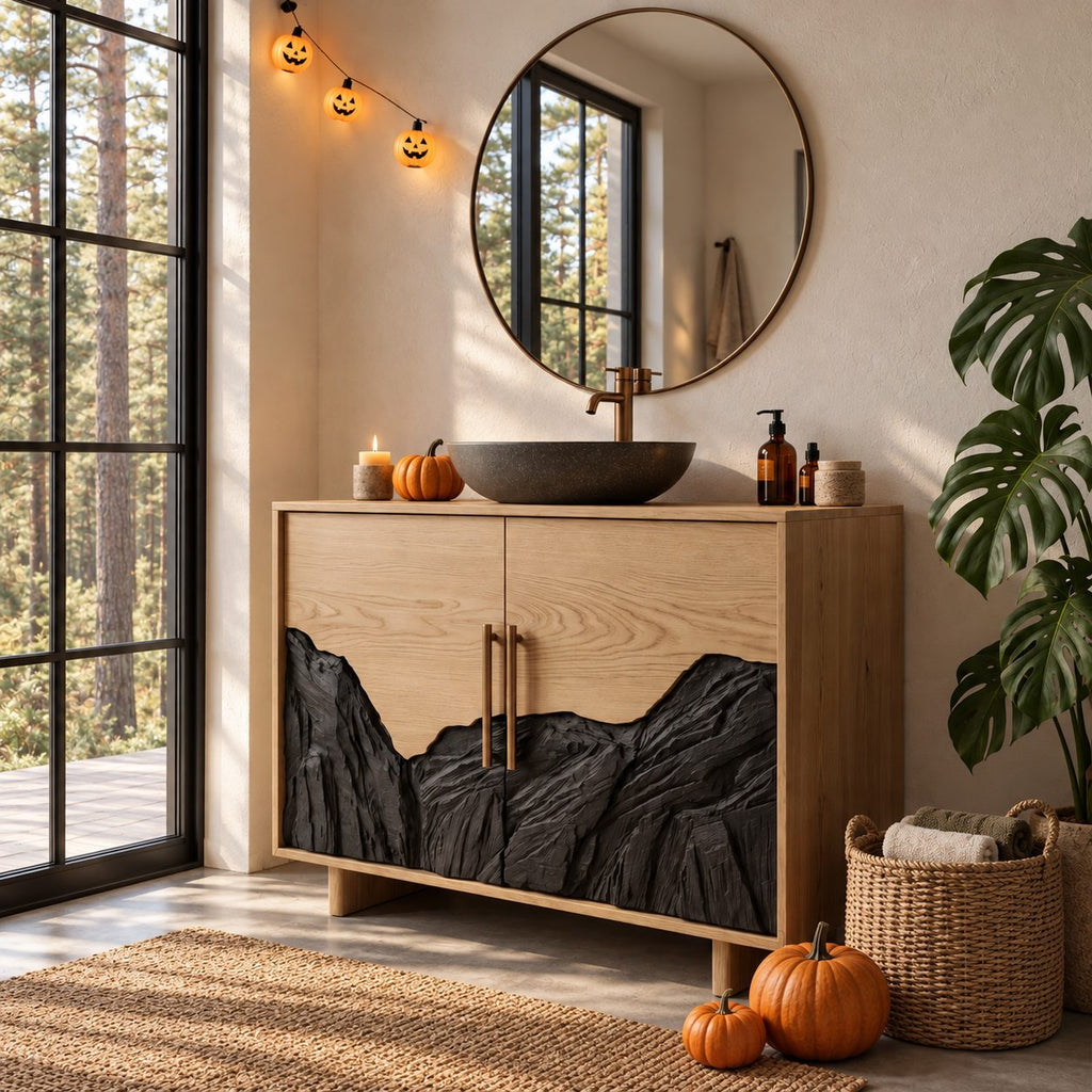 Mountain Range Bathroom Vanity 42-46 Inch, Two Door Cabinet with Carved Peaks Along the Lower Panels