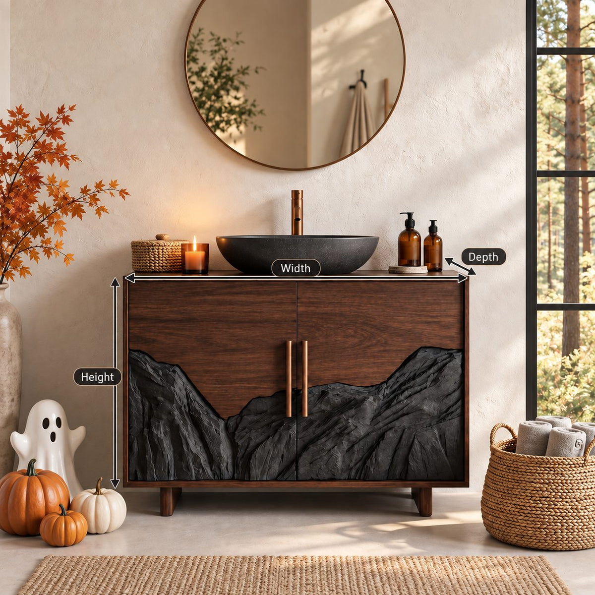 Mountain Range Bathroom Vanity 42-46 Inch, Two Door Cabinet with Carved Peaks Along the Lower Panels