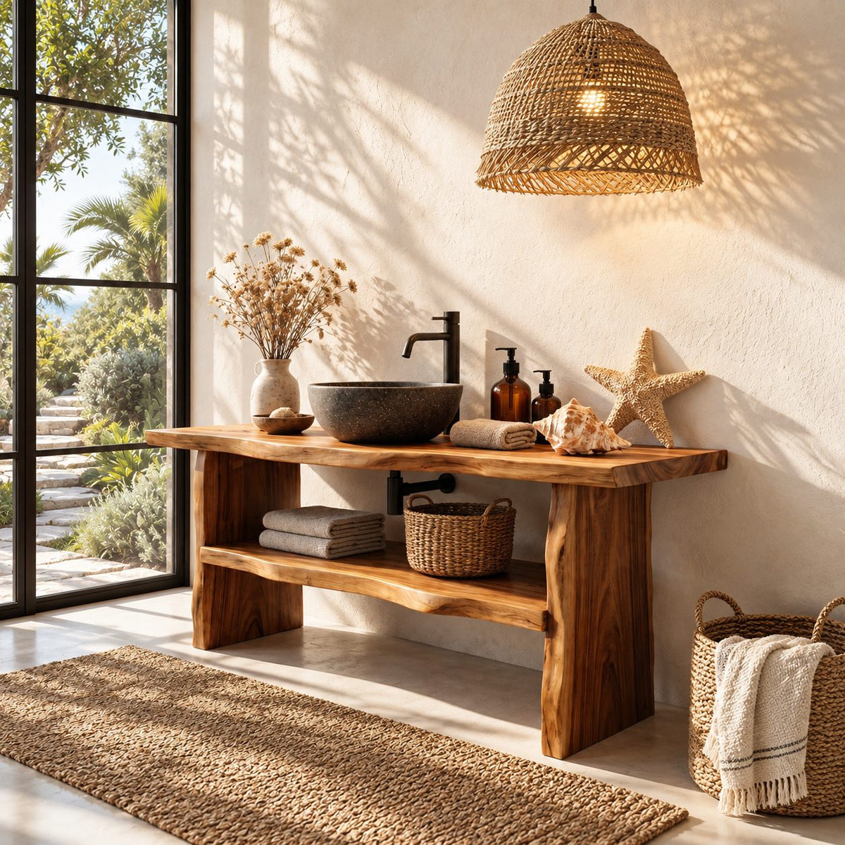 Live Edge Washstand Bathroom Vanity 40-70 Inch, Thick Slab Top on Natural Edge Legs with Lower Shelf