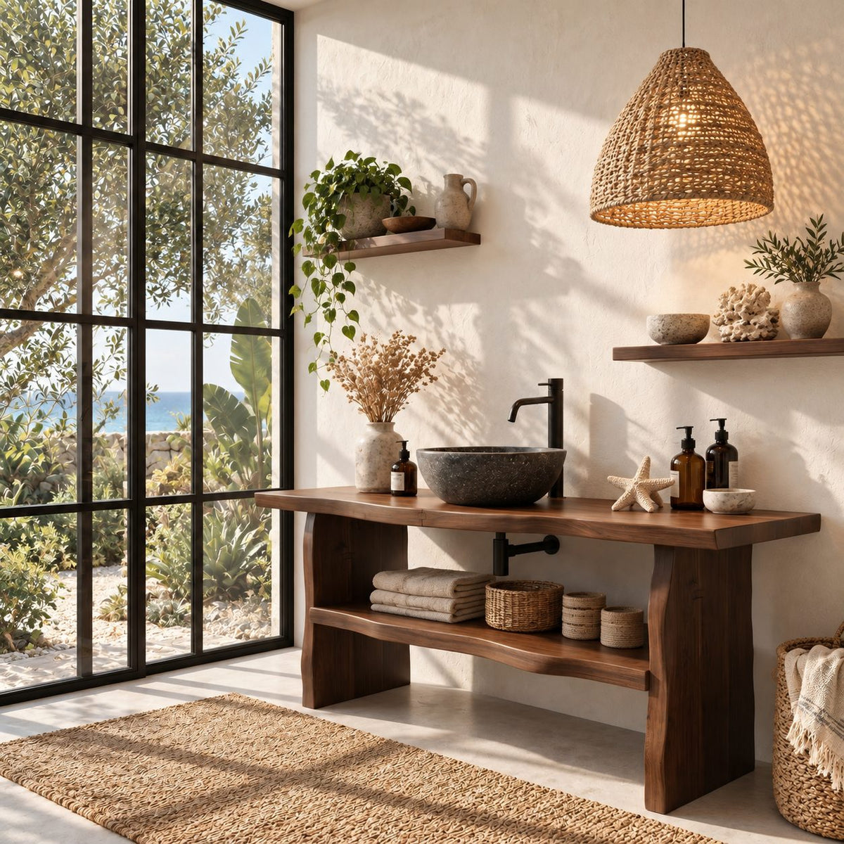 Live Edge Washstand Bathroom Vanity 40-70 Inch, Thick Slab Top on Natural Edge Legs with Lower Shelf