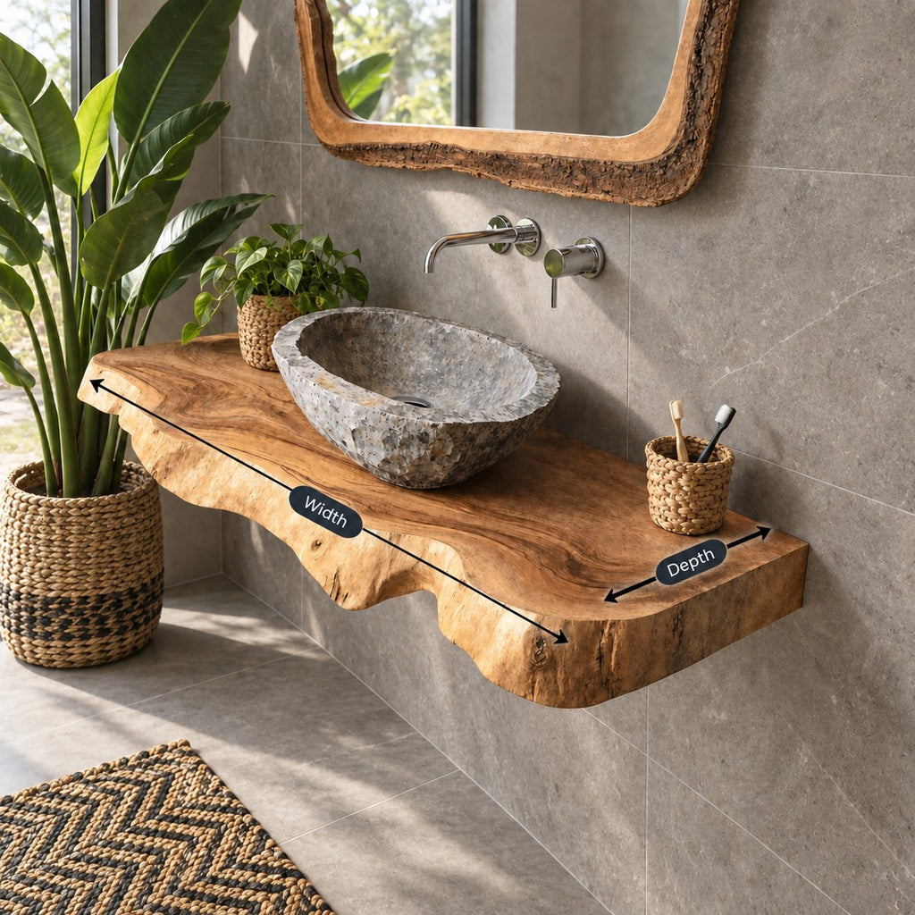 Undercut Live Edge Floating Bathroom Vanity Top 20-71 Inch, Solid Wood Wall-Mounted Slab Counter