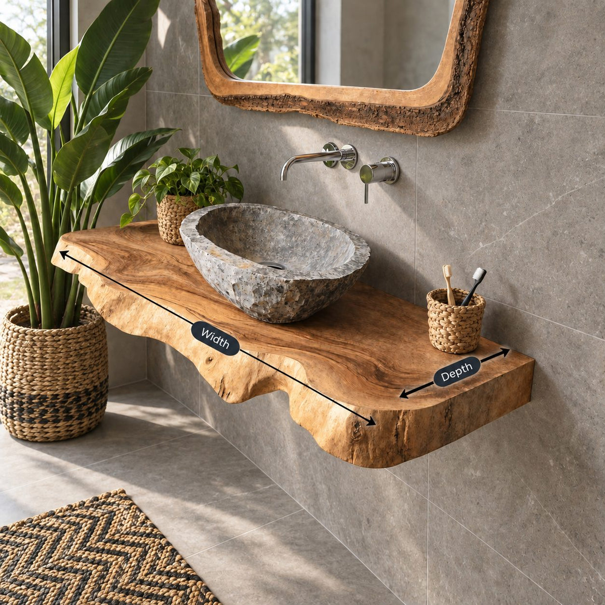 Undercut Live Edge Floating Bathroom Vanity Top 20-71 Inch, Solid Wood Wall-Mounted Slab Counter