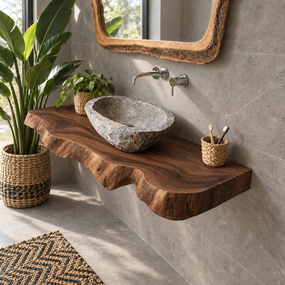 Undercut Live Edge Floating Bathroom Vanity Top 20-71 Inch, Solid Wood Wall-Mounted Slab Counter