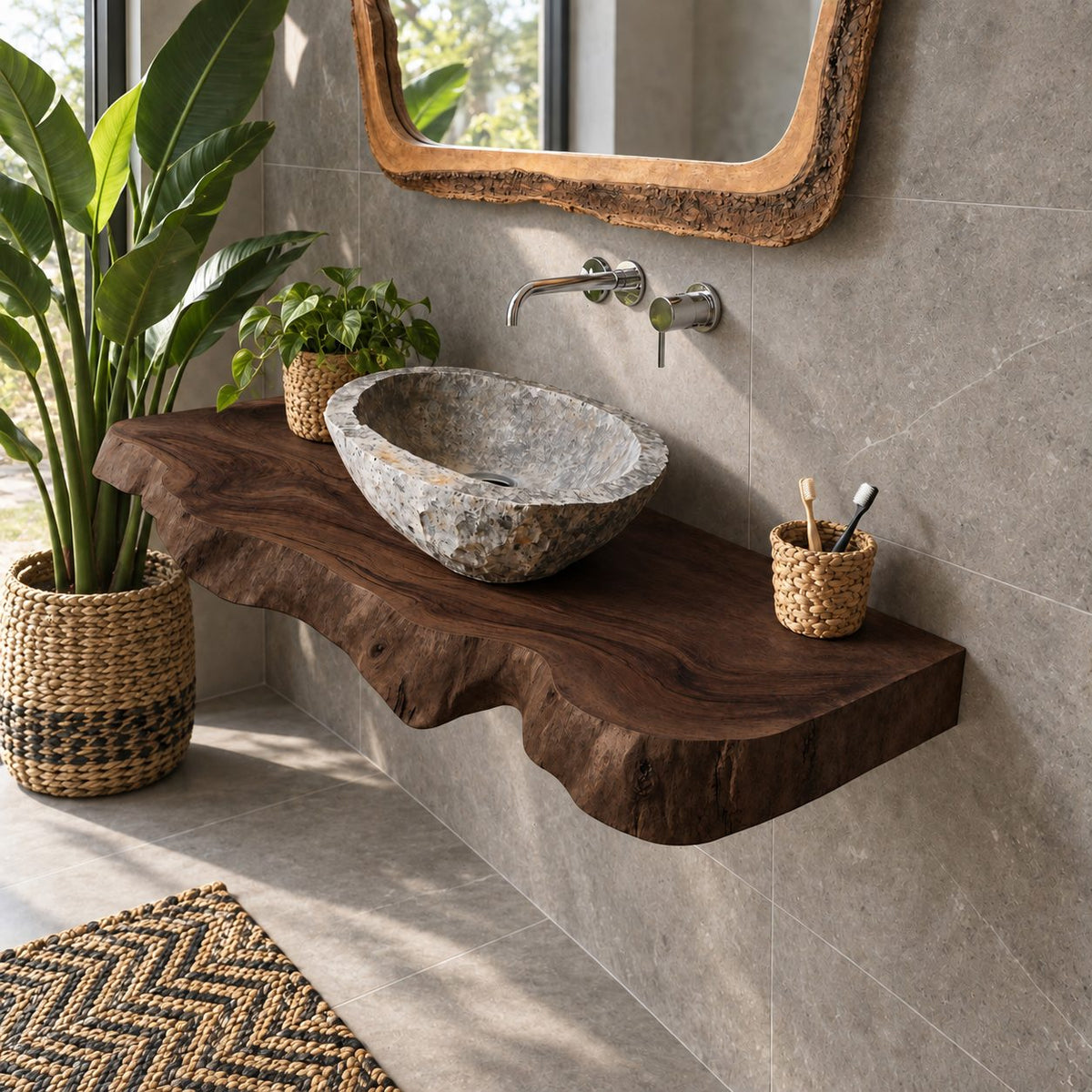 Undercut Live Edge Floating Bathroom Vanity Top 20-71 Inch, Solid Wood Wall-Mounted Slab Counter