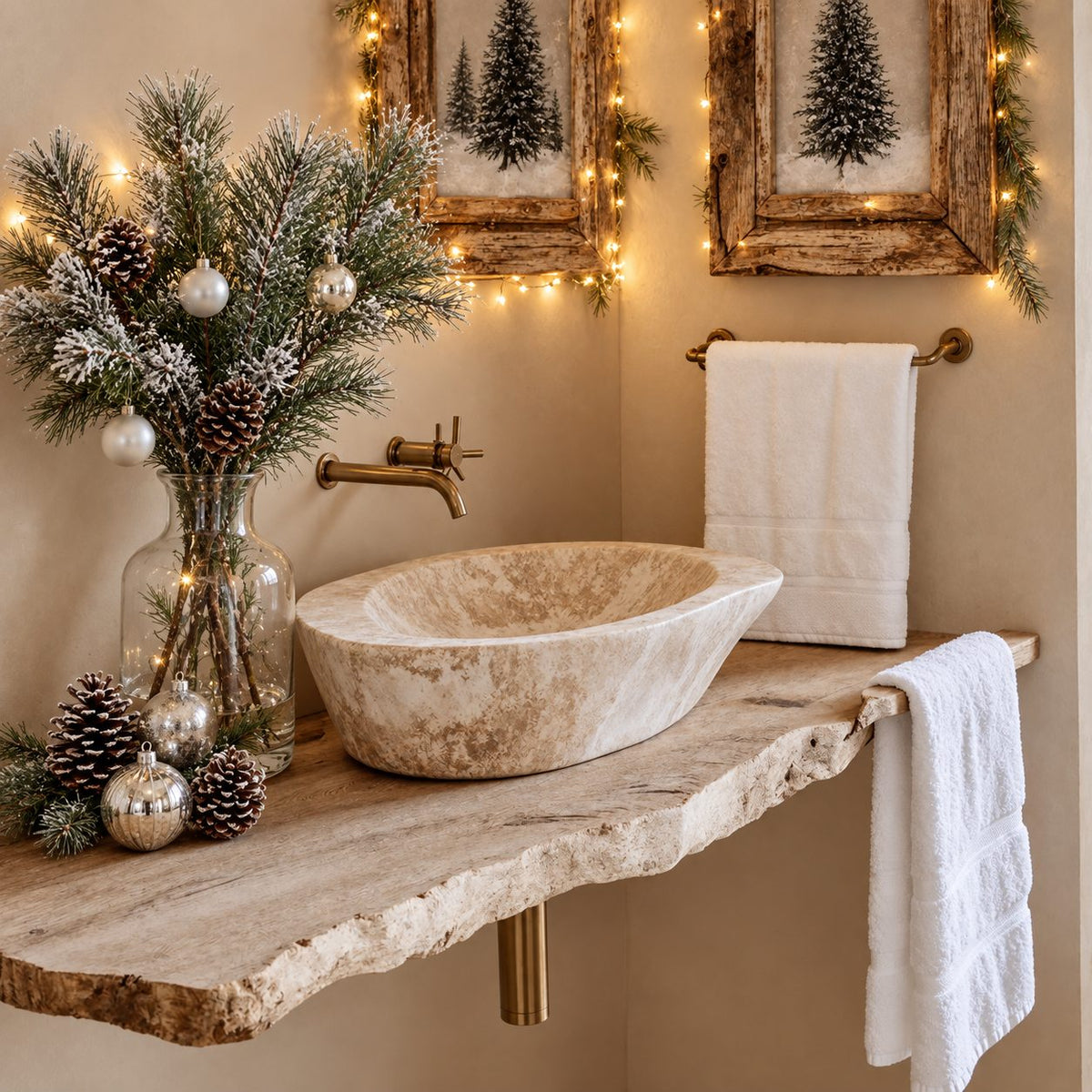Bark Texture Edge Floating Bathroom Vanity Shelf 16-48 Inch, Slim Solid Wood Wall-Mounted Counter